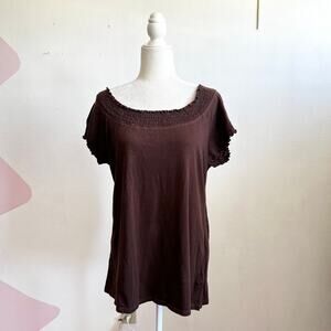 Vintage Y2K Brown Smocked‎ Top 2000s Coquette Fairycore Soft Girl Romantic XXL